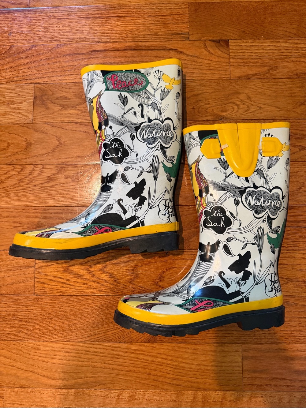 The Sak White Floral Rain Boots with Yellow Trim